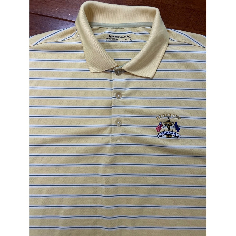 Nike Golf Polo Shirt Mens L Yellow Striped Ryder Cup Valhalla Nike Fit Dry